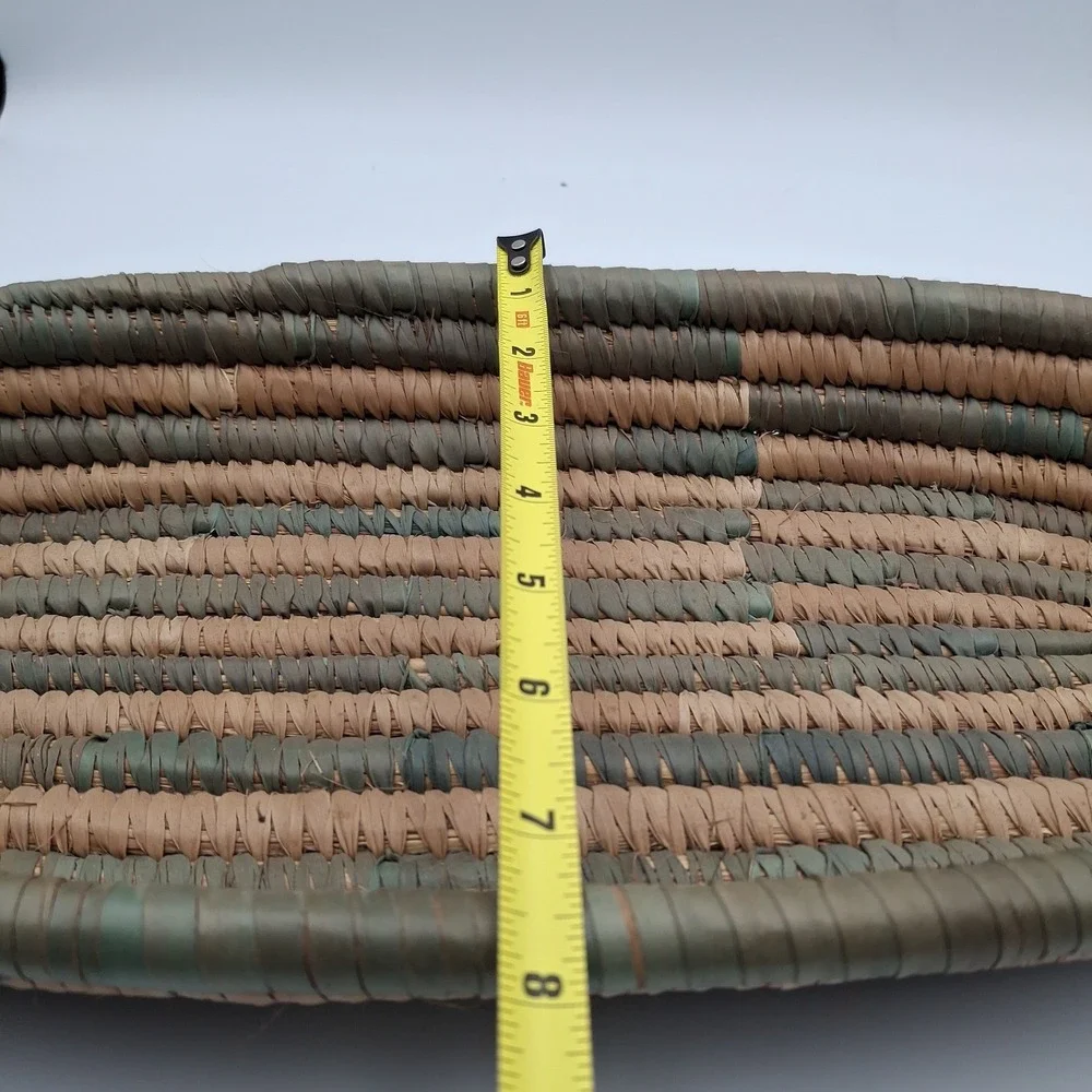 Set Of‎ 2 Hand Woven African Hausa Style Coiled Grass Nesting Baskets Green Tan